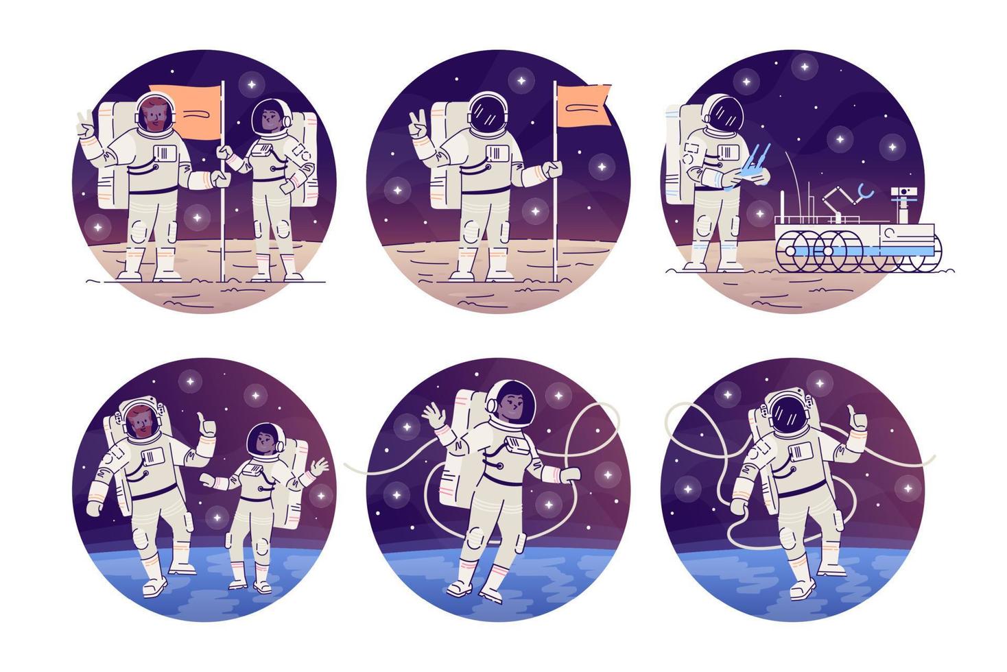 Astronauts in outer space flat concept icons set. Cosmonauts flying in zero gravity, placing flag stickers, cliparts pack. Alien planet, moon landing isolated cartoon illustrations on white background vector