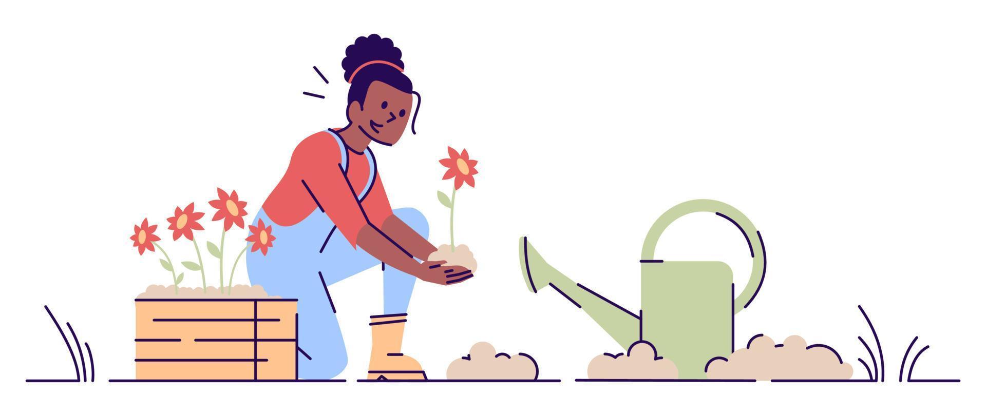 Ilustración de vector plano de jardinería chica. mujer afroamericana plantando flores con personaje de dibujos animados de regadera. agricultora cultivando. vivero de plantas trabaja concepto aislado con contorno