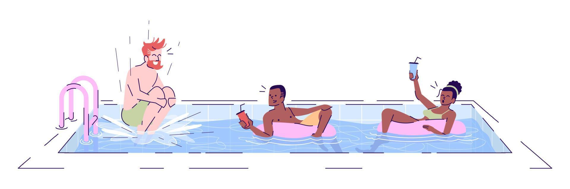 turistas en ilustraciones de vectores planos de piscina. hombre barbudo saltando en el agua. amigos nadando en anillos de goma con cócteles personajes de dibujos animados aislados con elementos de contorno sobre fondo blanco