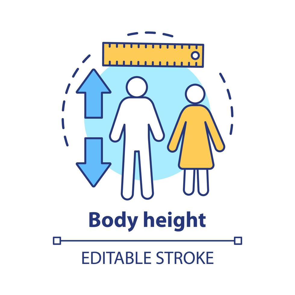 Body height check concept icon. Monitoring body growth with measuring tools idea thin line illustration. Controlling male, female height. Vector isolated outline drawing. Editable stroke