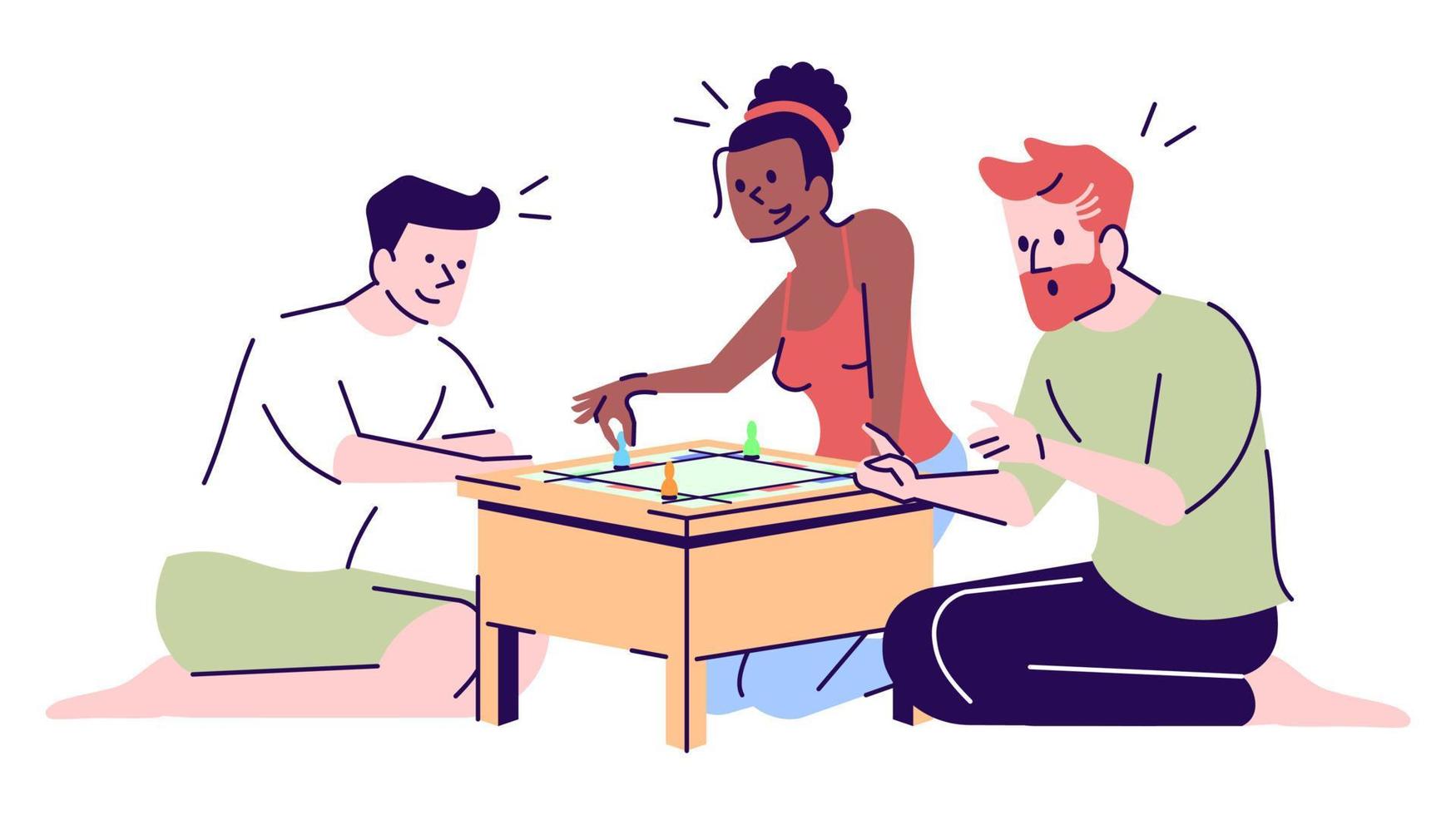 Friend playing Monopoly flat vector illustration. Boys, girl enjoying table game together, training business skills isolated cartoon characters with outline elements on white background