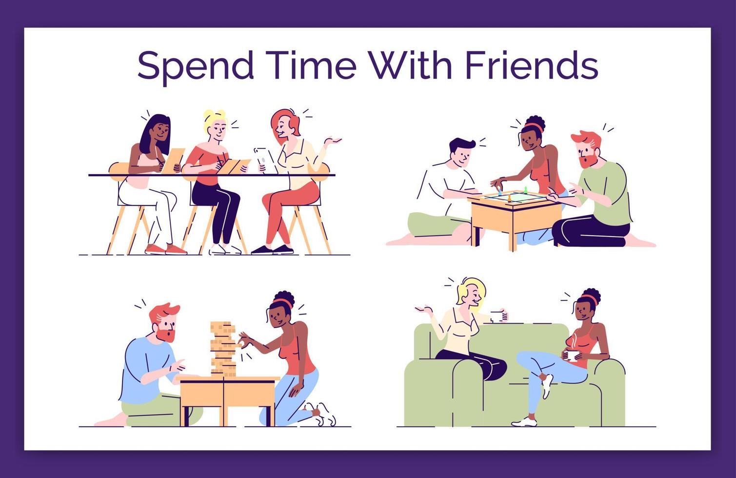 Spending time with friends flat vector concept illustration. Girls gossip in cafe, at home. Boys, girls playing table games, jenga together isolated cartoon design elements set on white background