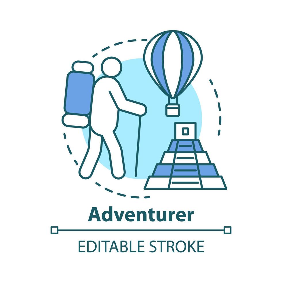 Adventurer concept icon. Adventurous lifestyle idea thin line illustration. Traveling, mountain climbing, participating in extreme sport. Vector isolated outline drawing. Editable stroke