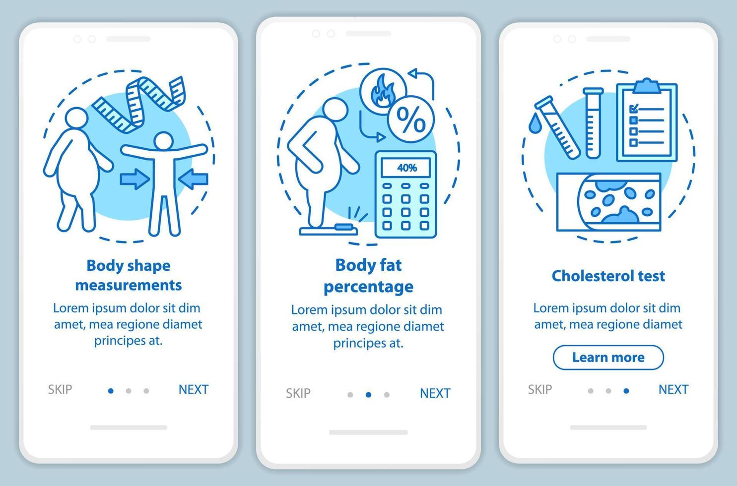 Body health onboarding mobile app page screen with linear concepts. Cholesterol test. Three walkthrough steps graphic instructions. Body shape measurements. UX, UI, GUI vector template, illustrations