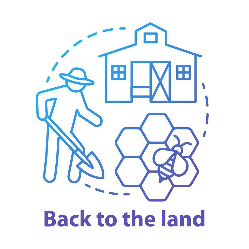 Back to the land blue concept icon. Agrarian movement idea thin line illustration. Living in commune. Farming and beekeeping. Smallholding. Vector isolated outline drawing. Editable stroke