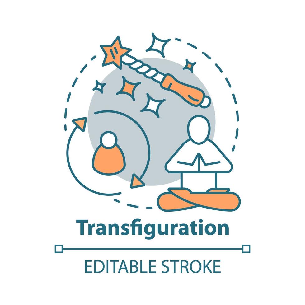 Transfiguration concept icon. Wizardry and witchcraft idea thin line illustration. Appearance alteration spell. Wizard wand and meditating monk vector isolated outline drawing. Editable stroke