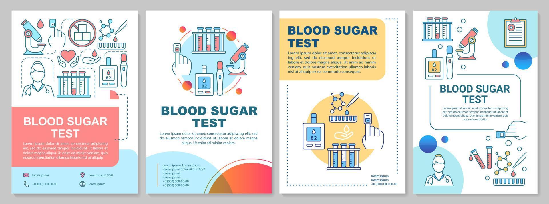 Blood sugar test brochure template layout. Glucose level control. Flyer, booklet, leaflet print design, linear illustrations. Glucometer. Vector page layouts for annual reports, advertising posters