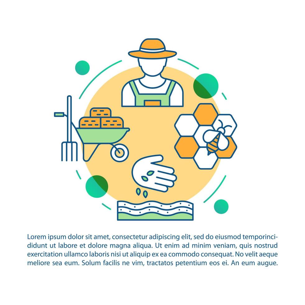 Back to the land article page vector template. Agrarian movement. Brochure, magazine, booklet design element with linear icons and text boxes. Print design. Concept illustrations with text space