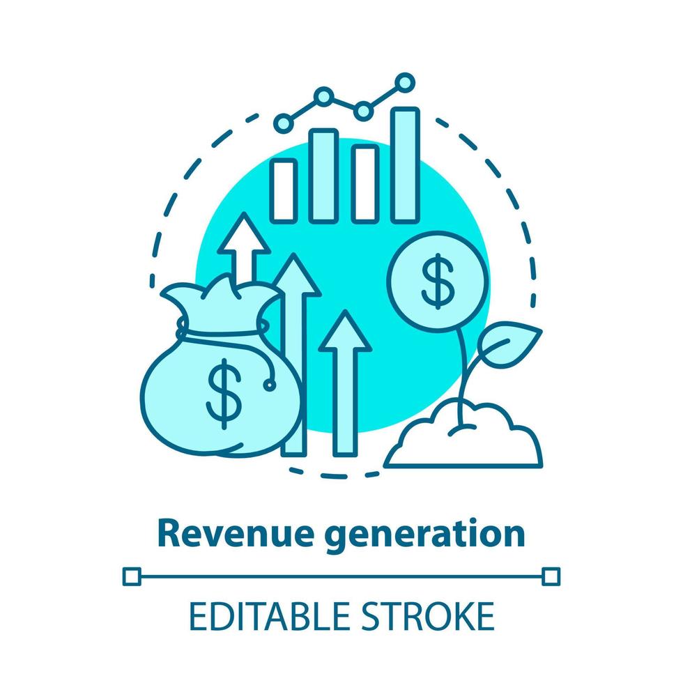 Revenue generation blue concept icon. Income increase idea thin line illustration. Business development. Sprout with dollar coin. Financing, budgeting. Vector isolated outline drawing. Editable stroke