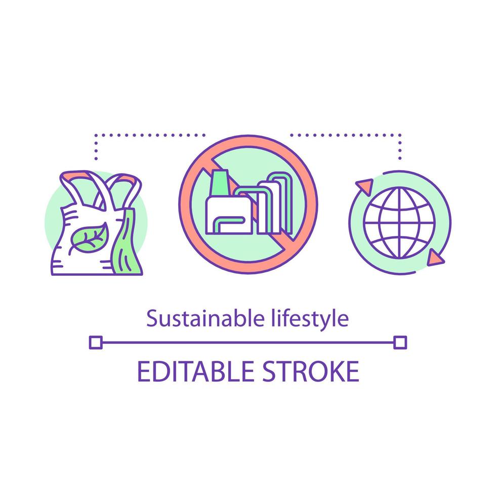 Sustainable lifestyle concept icon. Reducing unnecessary waste idea thin line illustration. Recycling, eco bags. Natural resource consumption. Vector isolated outline drawing. Editable stroke