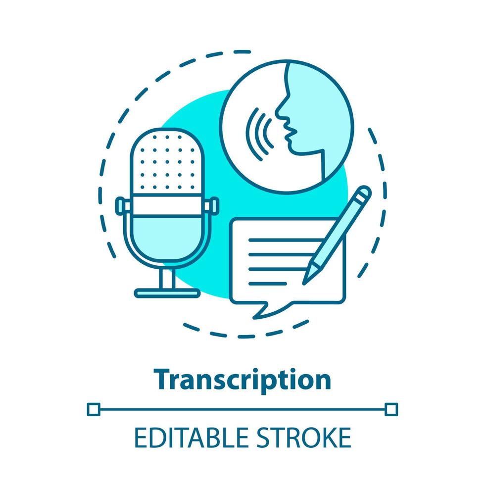 Transcription blue concept icon. Audio files conversion into text format idea thin line illustration. Representation of language in written form. Vector isolated outline drawing. Editable stroke