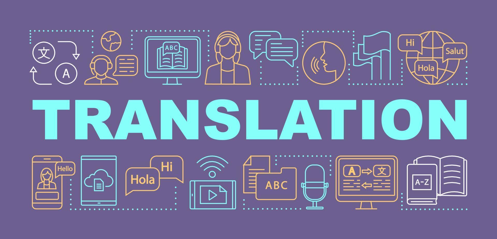 banner de conceptos de palabra de traducción. interpretación de lengua extranjera. traductor online. presentación, sitio web. idea de tipografía de letras aisladas con iconos lineales. ilustración de contorno vectorial vector