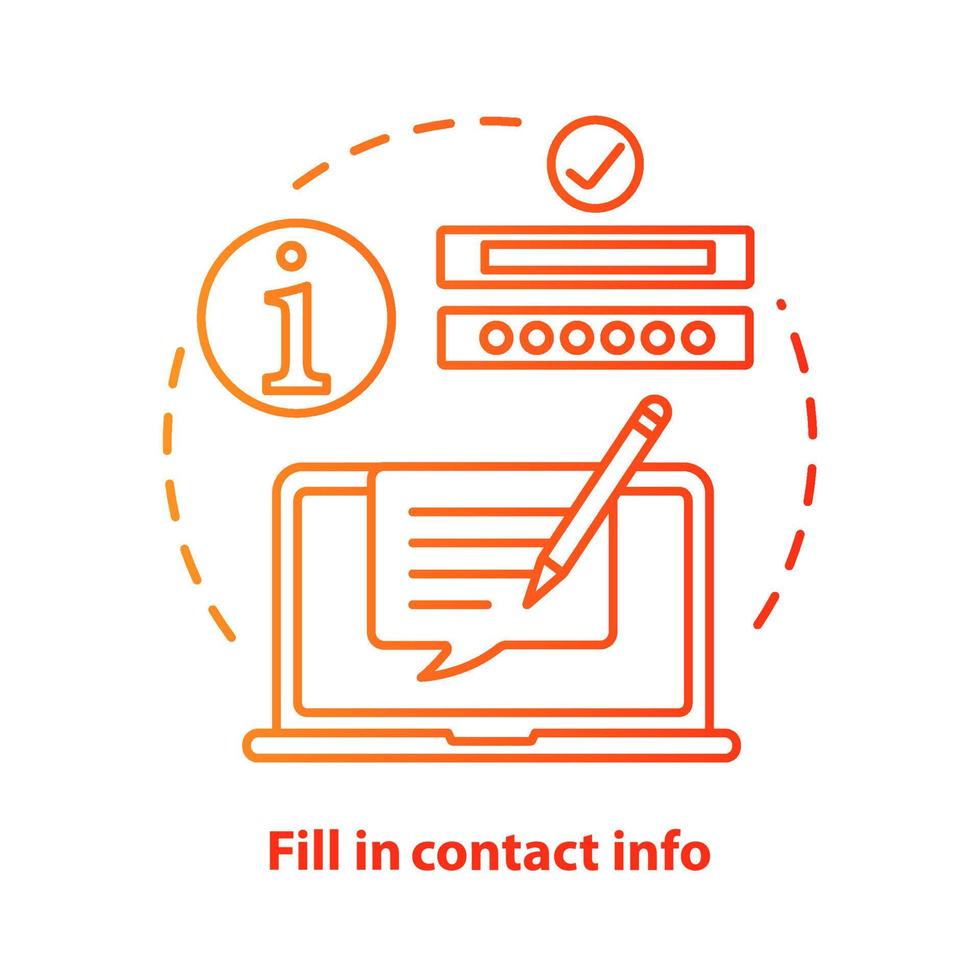 Fill in contact info red concept icon. Contact us idea thin line illustration. Autofill information. Online form filling. Customer support service. Vector isolated outline drawing. Editable stroke