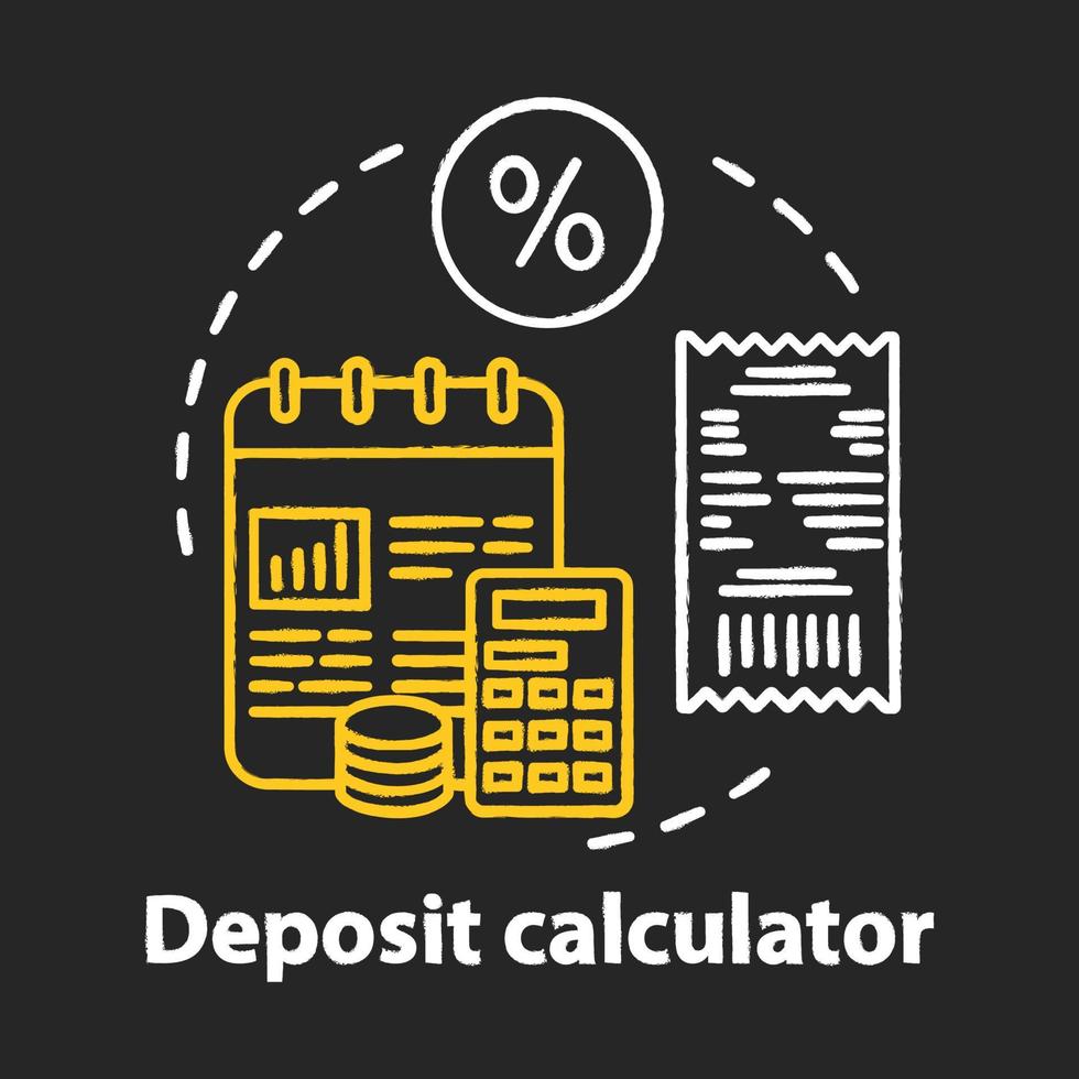 Deposit calculator chalk concept icon. Savings idea. Accounting tool. Budgeting and financing. Counting profits, interest percentage. Financial services. Vector isolated chalkboard illustration