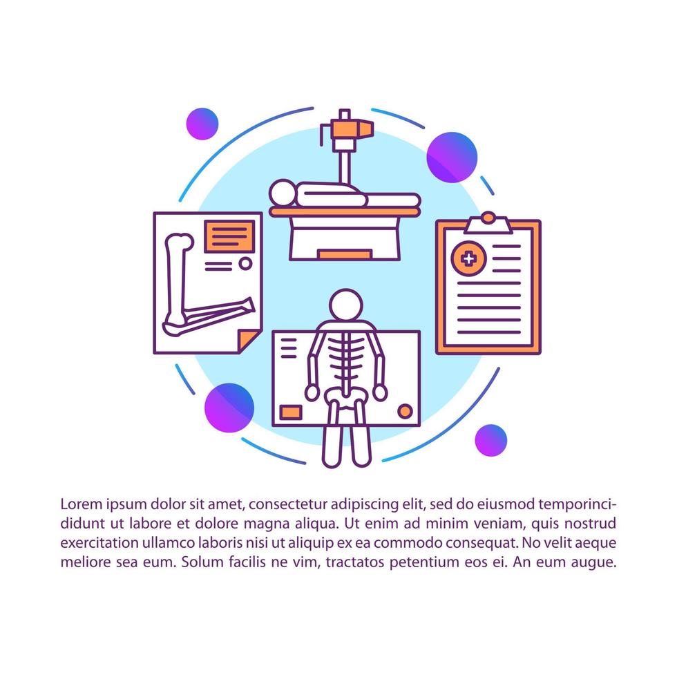 X-ray examination article page vector template. Radiological survey. Limb fracture. Brochure, booklet design element, linear icons, text box. Print design. Concept illustrations with text space