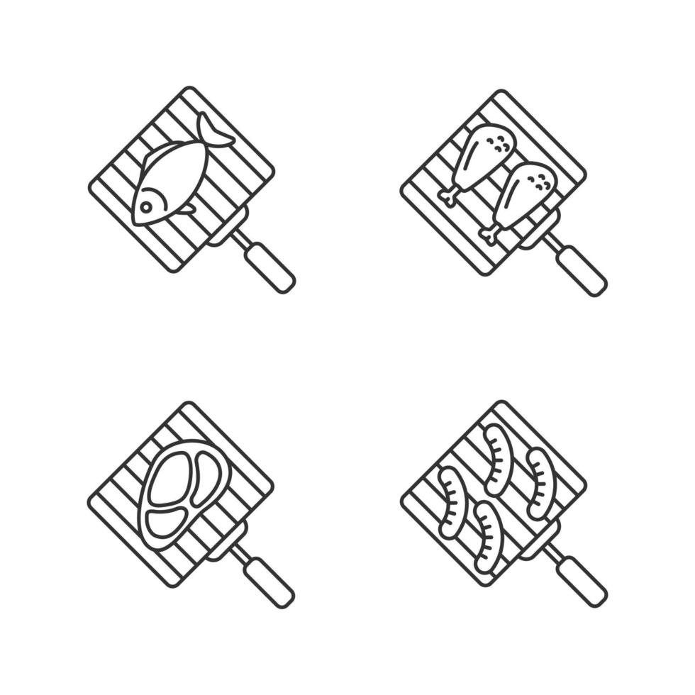 conjunto de iconos lineales de barbacoa. barbacoa parrillas de mano con pescados, muslos de pollo, filetes de carne y salchichas. símbolos de contorno de línea delgada. Ilustraciones de vectores aislados