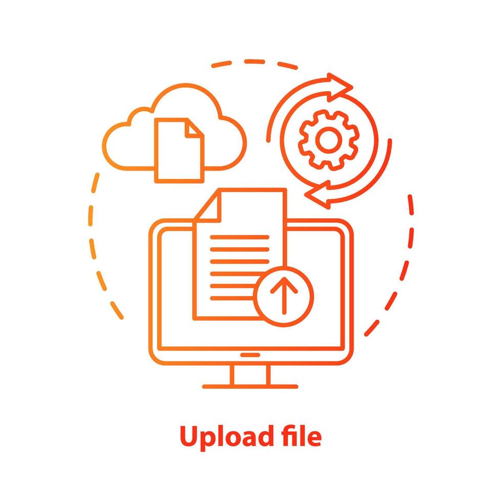 Upload file red concept icon. Data transfer idea thin line illustration. Downloading and cloud computing. File sharing. Cloud web storage, folders. Vector isolated outline drawing. Editable stroke