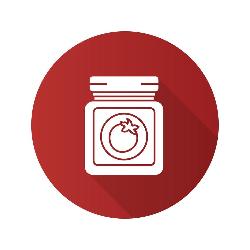 tarro de salsa de tomate diseño plano icono de glifo de sombra larga. salsa de tomate casera. conserva de verduras ilustración de silueta vectorial vector