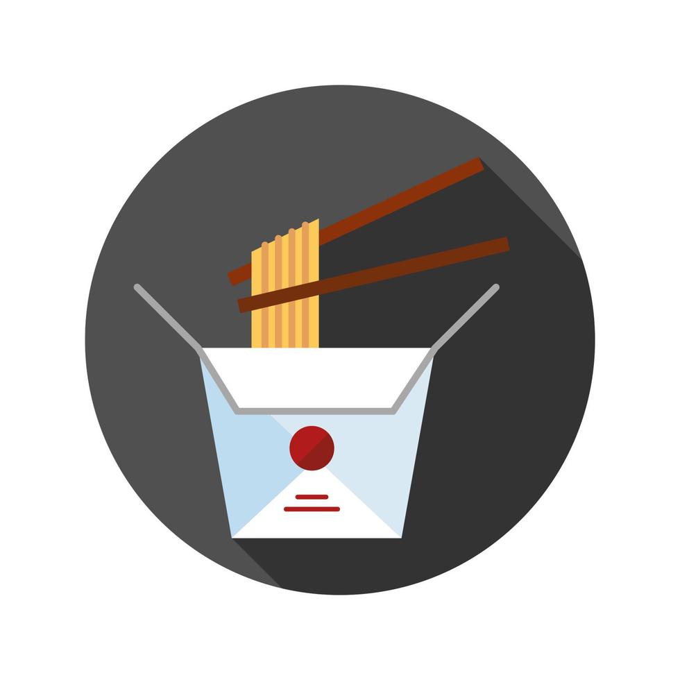 fideos chinos en caja de papel y palillos diseño plano icono de color de sombra larga. fideos al wok ilustración de silueta vectorial vector