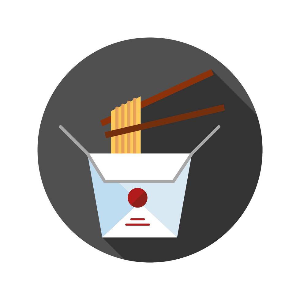 Chinese noodles in paper box and chopsticks flat design long shadow color icon. Wok noodles. Vector silhouette illustration