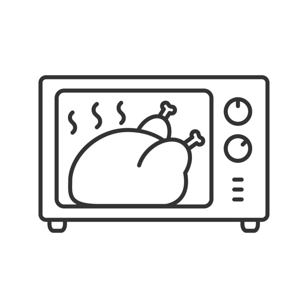 Whole chicken grilling in microwave oven linear icon. Thin line illustration. Thanksgiving turkey. Contour symbol. Vector isolated drawing