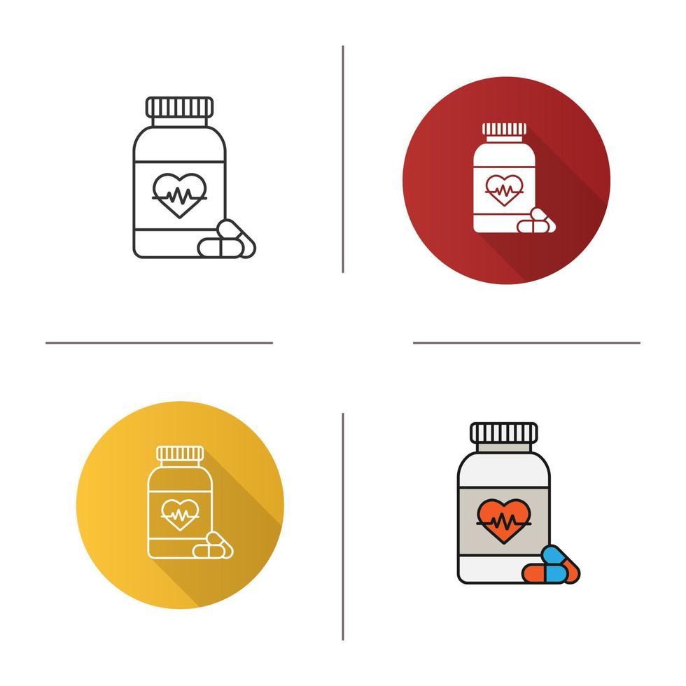 botella de pastillas con icono de corazón. suplemento cardiovascular. medicamentos Diseño plano, estilos lineales y de color. ilustraciones de vectores aislados