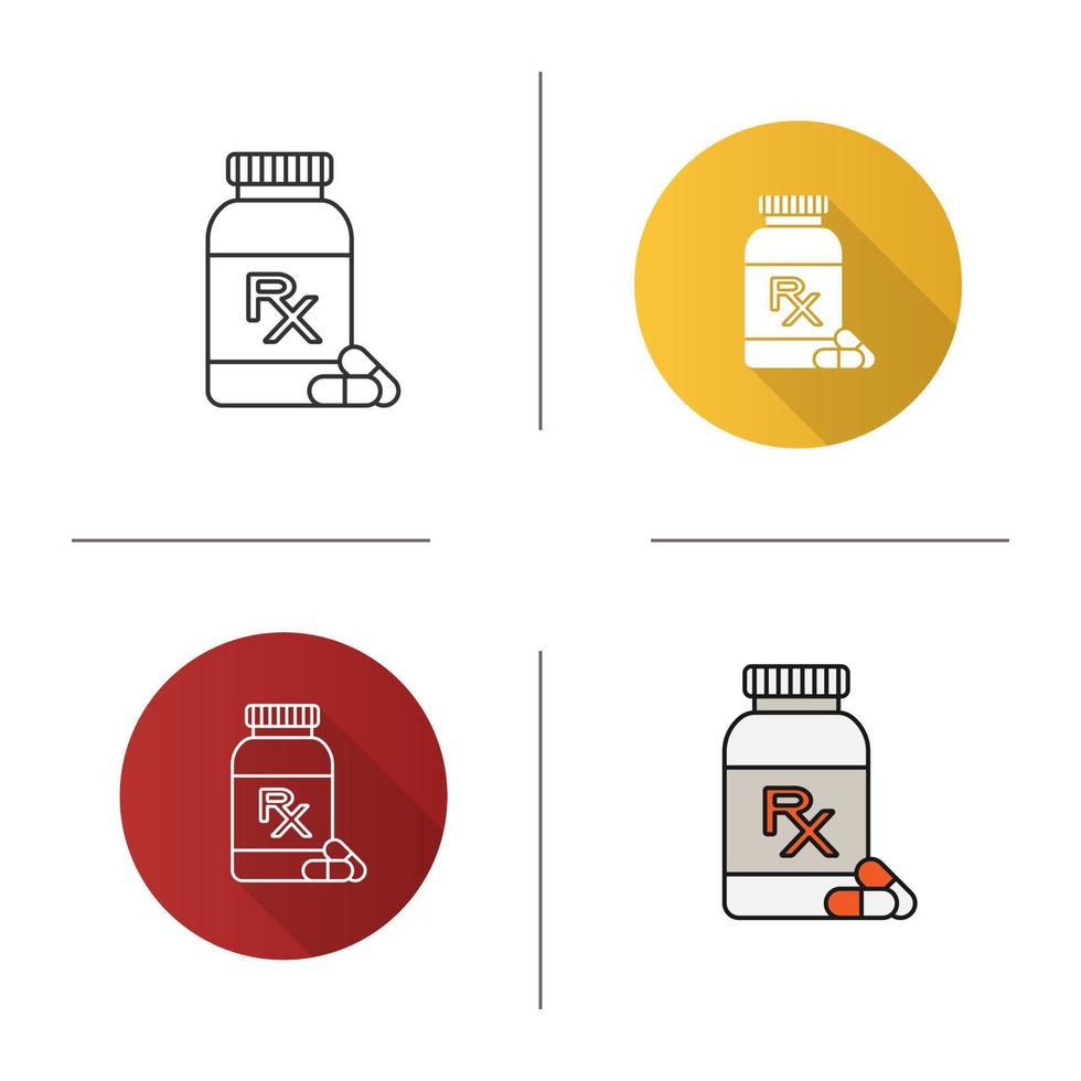 RX pills bottle icon. Medical prescription. Medications. Flat design, linear and color styles. Isolated vector illustrations