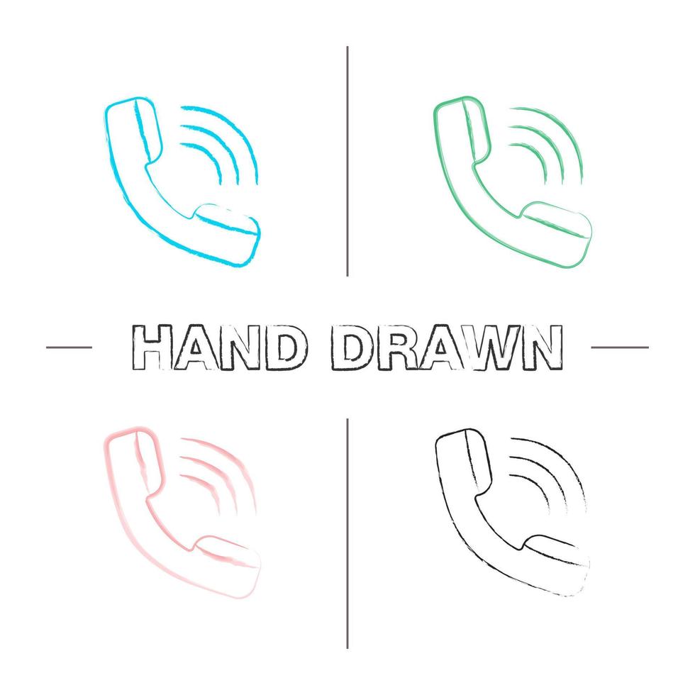 Handset hand drawn icons set. Incoming call. Hotline. Telephone support. Color brush stroke. Isolated vector sketchy illustrations