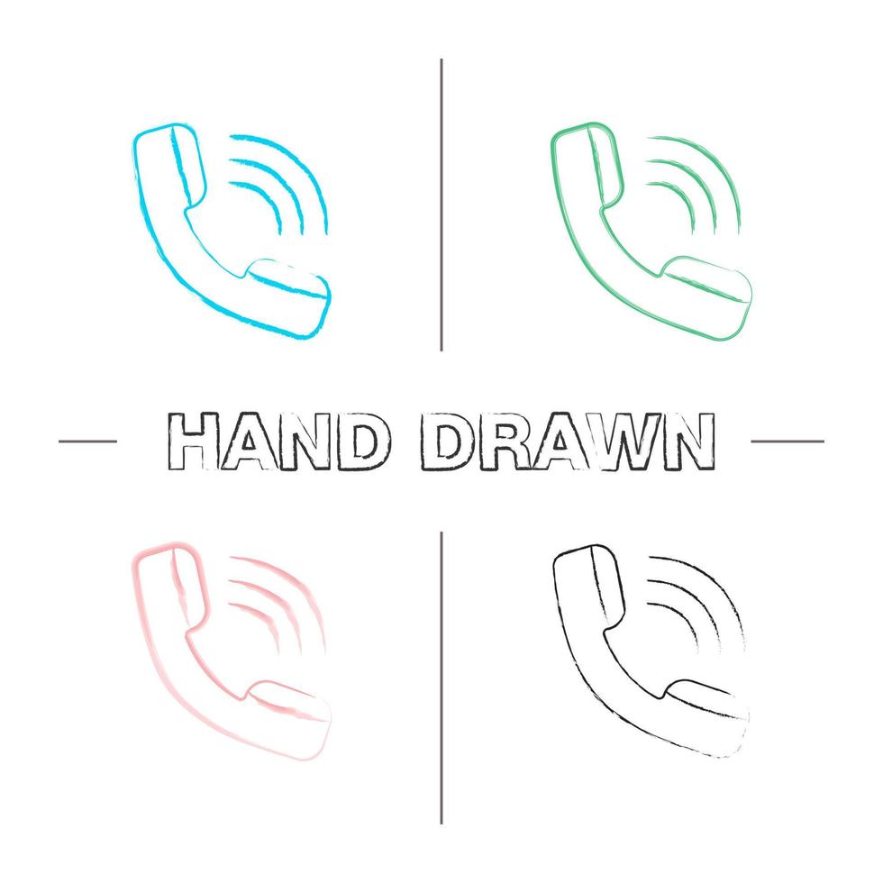 Handset hand drawn icons set. Incoming call. Hotline. Telephone support. Color brush stroke. Isolated vector sketchy illustrations