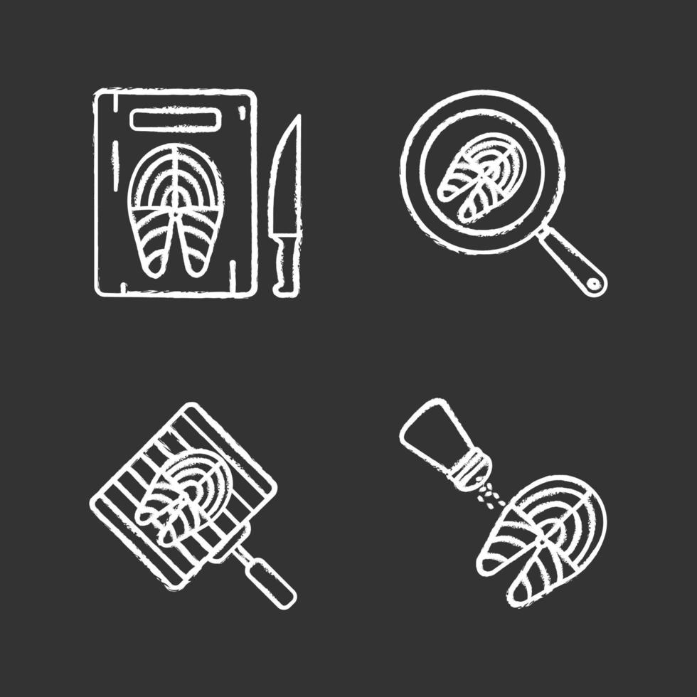 conjunto de iconos de tiza de preparación de pescado. cortar, freír, asar a la parrilla, salar filetes de pescado. Ilustraciones de vector pizarra