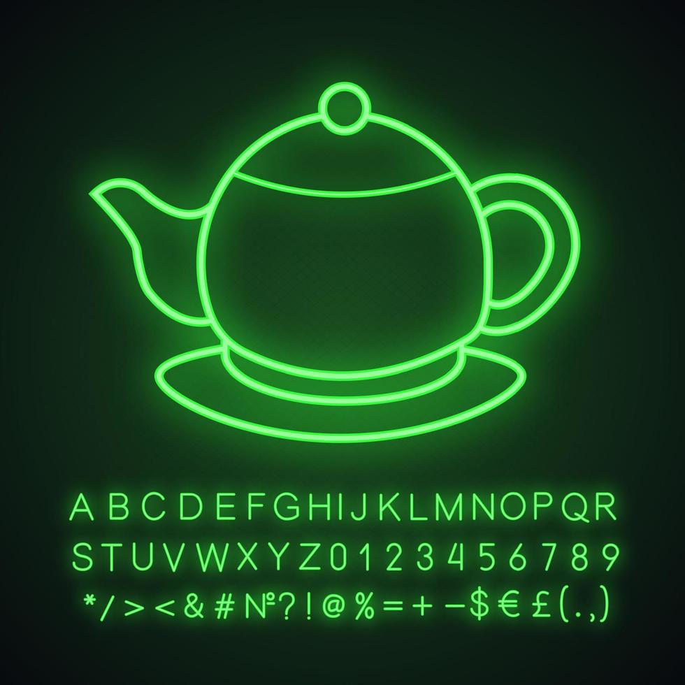 Teapot neon light icon. Tea pot. Glowing sign with alphabet, numbers and symbols. Vector isolated illustration
