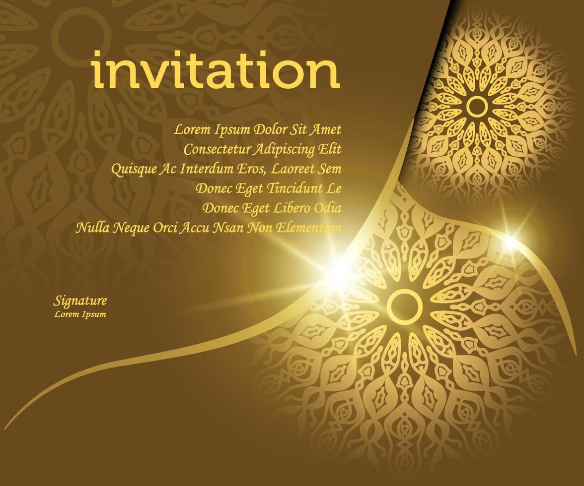 la plantilla de invitación de fondo de mandala, con efecto de luz de color dorado se ve lujosa, ideal para material de diseño de invitación, tarjeta de saludo, promoción de ventas, pancarta, afiche vector