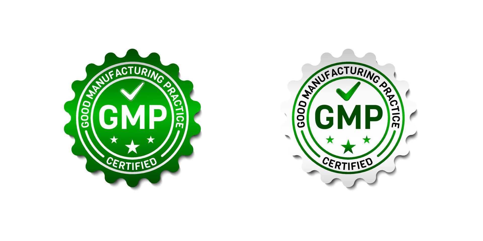 GMP. Good Manufacturing Practice. Certified Label. With star and check icon. On gradient green and white color. Premium and luxury button template vector