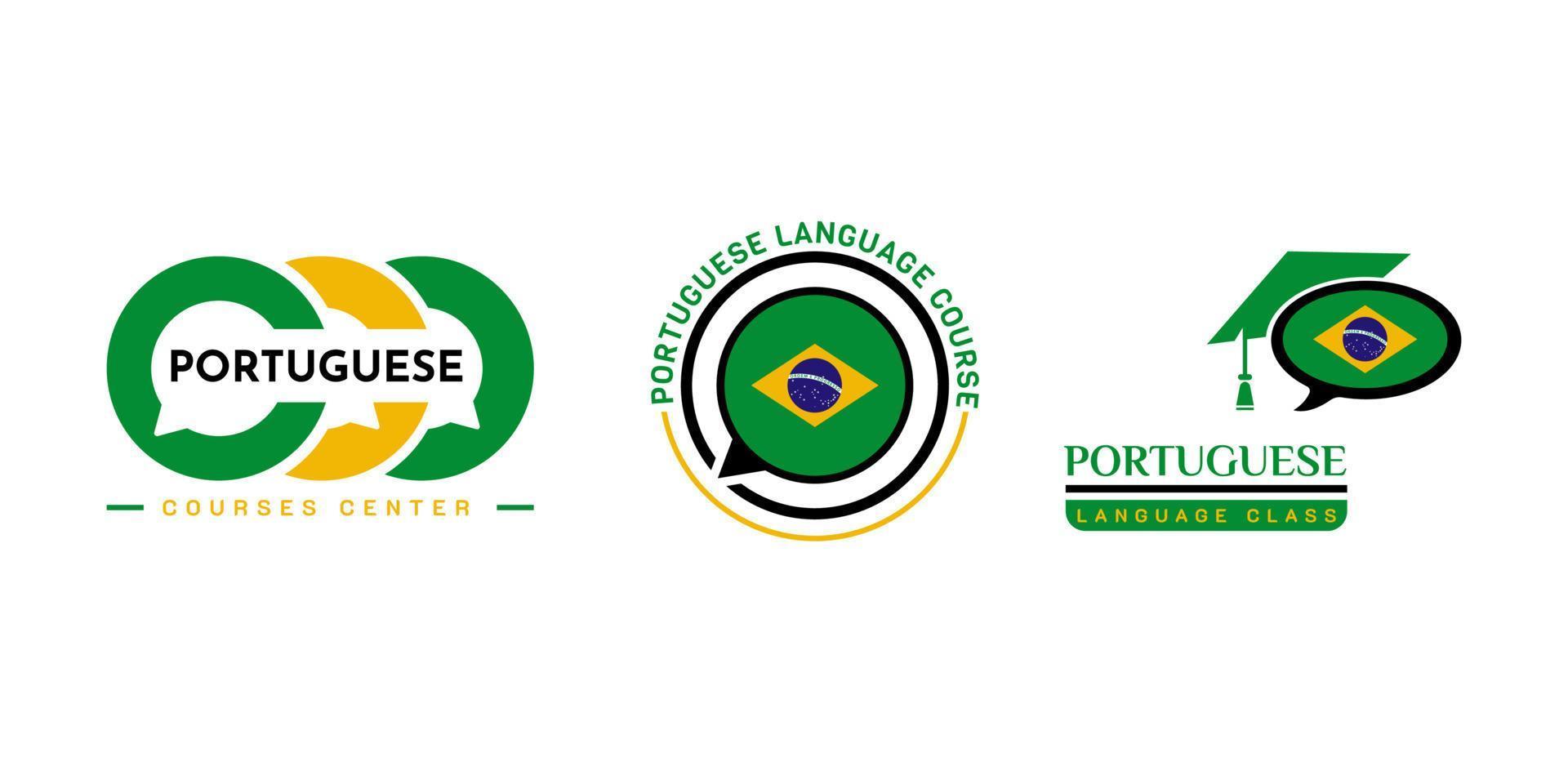 aprendiendo el logo de la clase de idioma portugués. el programa de intercambio de idiomas, el foro, la burbuja del habla y la señal de comunicación internacional. con la bandera de brasil vector