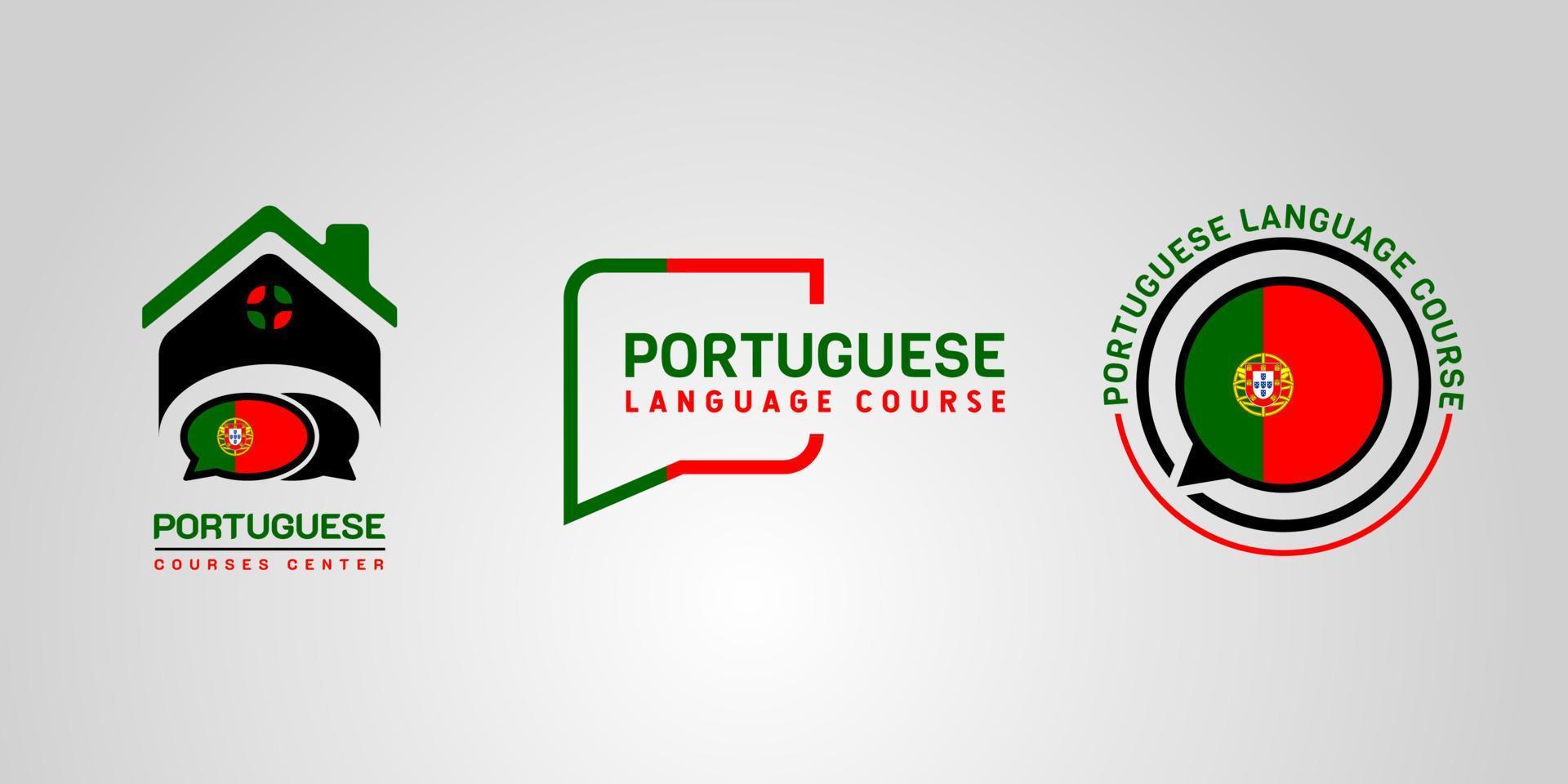 aprendiendo el logo de la clase de idioma portugués. el programa de intercambio de idiomas, el foro, la burbuja del habla y la señal de comunicación internacional. con bandera portuguesa vector