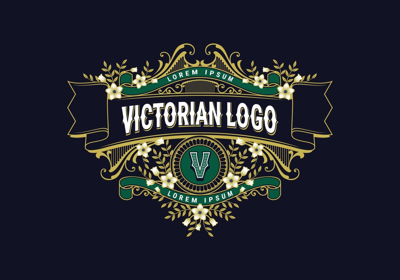 plantilla de logotipo victoriano de lujo con adornos de flores y hojas vector