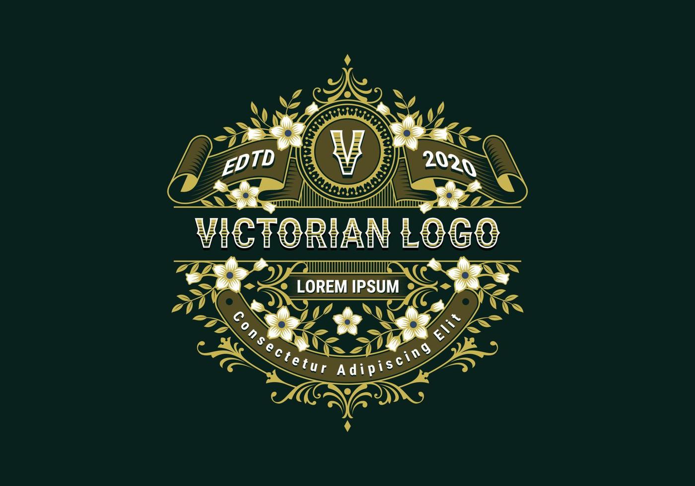 plantilla de logotipo victoriano de elegancia con adornos de flores y hojas vector