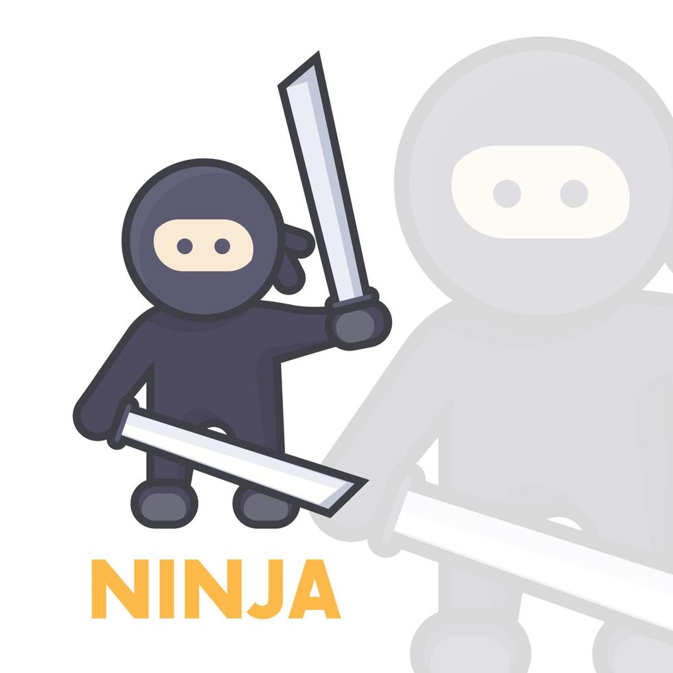 ninja con espadas katana en las manos, antiguo guerrero japonés en estilo plano con contorno vector