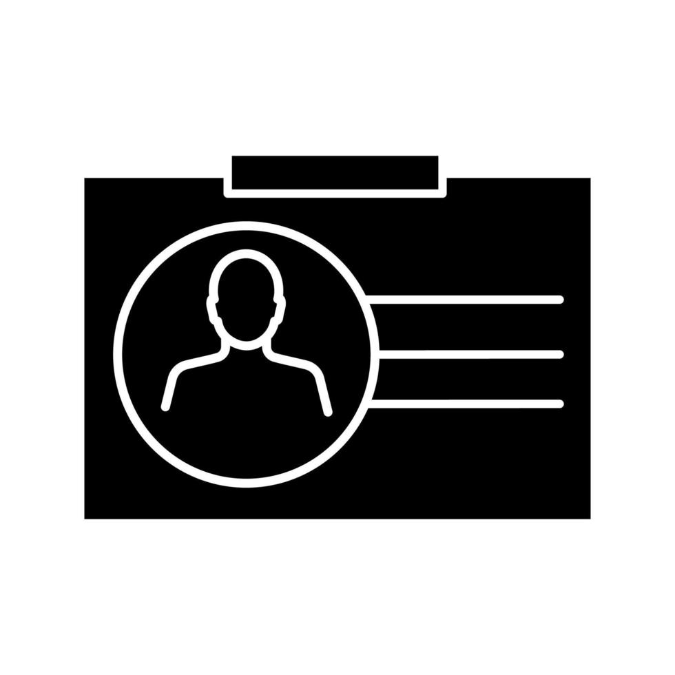 Identification badge glyph icon. ID card. Silhouette symbol. Negative space. Vector isolated illustration