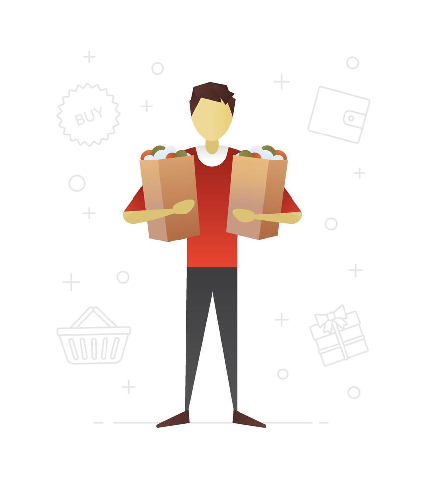 diseño de personajes planos de consumo. compras. haciendo compras. hombre sosteniendo bolsas de papel con productos comestibles. ilustración vectorial aislada vector