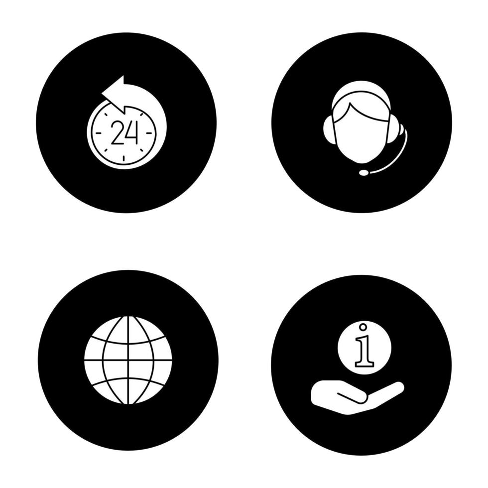 Information center glyph icons set. Reschedule, globe, helpdesk, call center operator. Vector white silhouettes illustrations in black circles