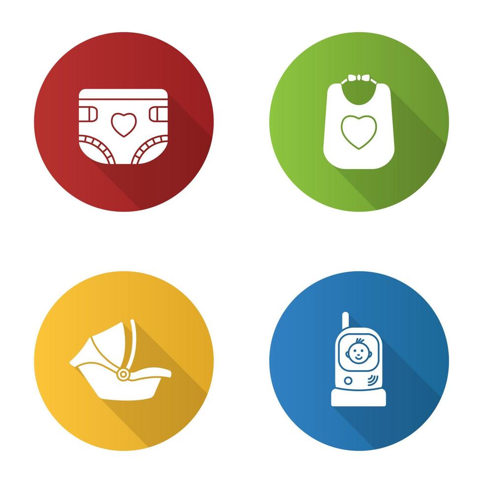 Childcare flat design long shadow glyph icons set. Baby diaper, bib, car seat, radio nanny. Vector silhouette illustration
