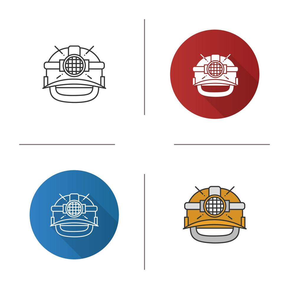 Industrial safety helmet icon. Miner hard hat with light. Flat design, linear and color styles. Isolated vector illustrations