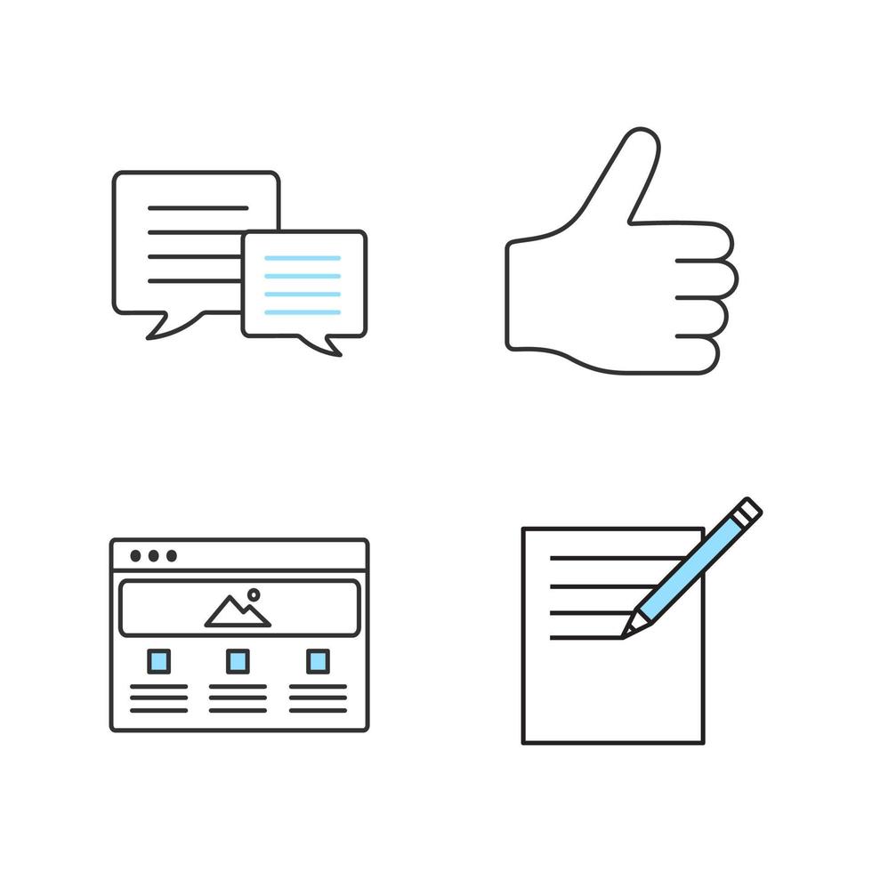 Information center color icons set. Chatting, taking notes, thumbs up, web page. Isolated vector illustrations