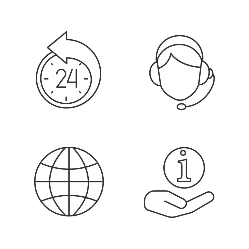 Information center linear icons set. Reschedule, globe, helpdesk, call center operator. Thin line contour symbols. Isolated vector outline illustrations