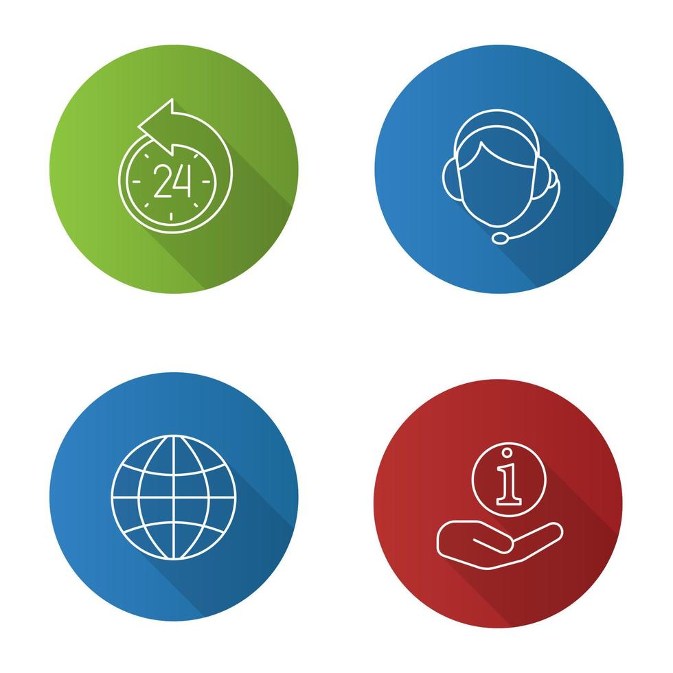 Information center flat linear long shadow icons set. Reschedule, globe, helpdesk, call center operator. Vector outline illustration