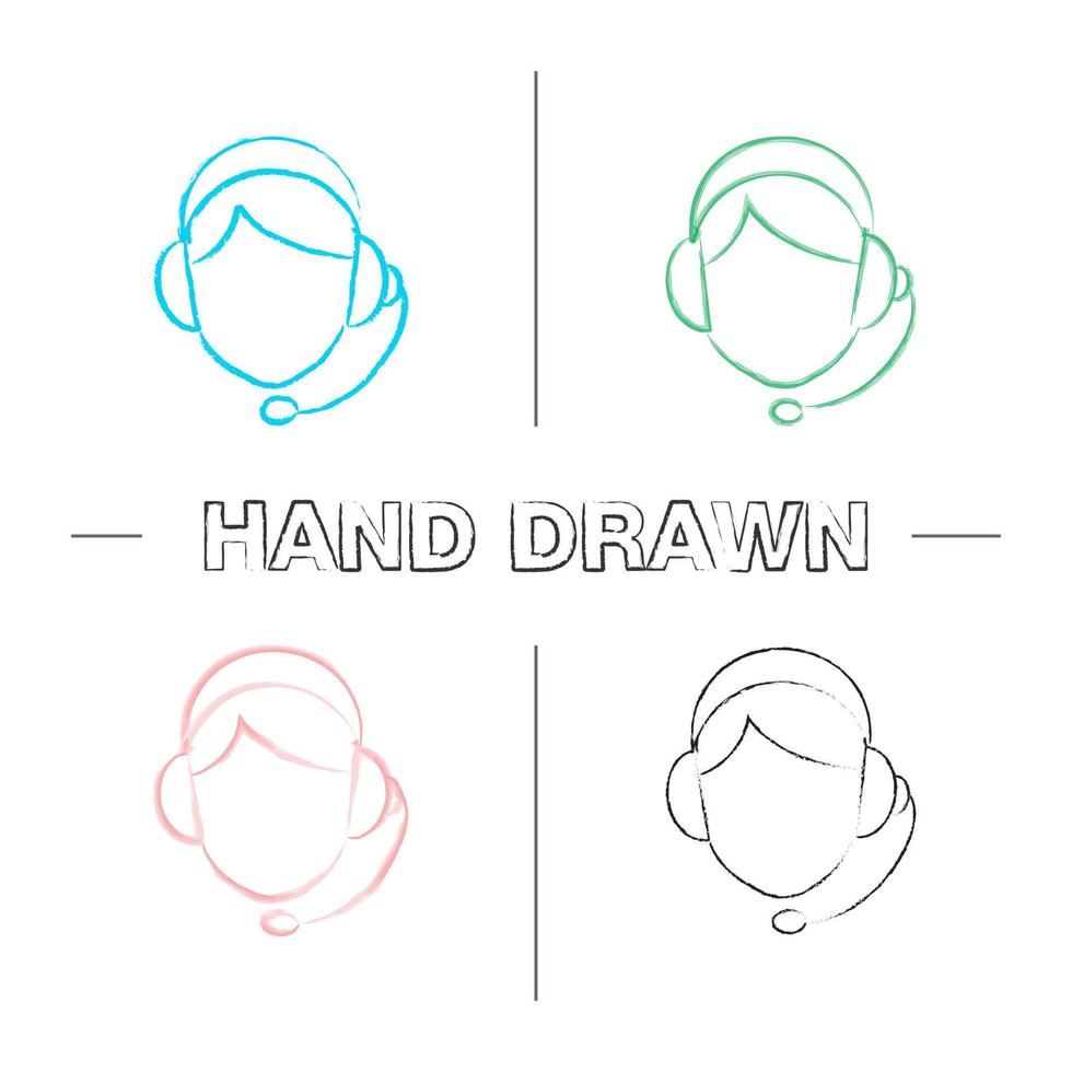 Call center operator hand drawn icons set. Color brush stroke. Support service. Isolated vector sketchy illustrations