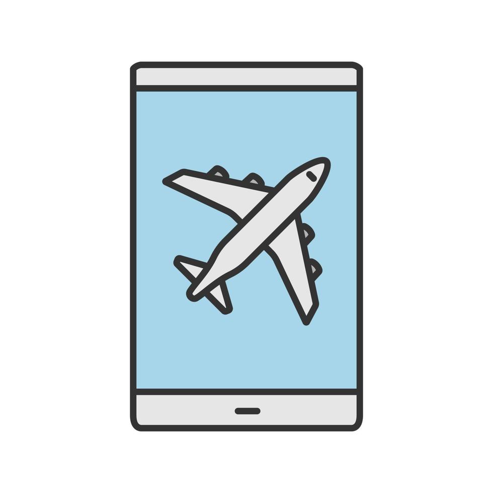 Smartphone airplane mode color icon. Mobile phone screen with plane. Isolated vector illustration