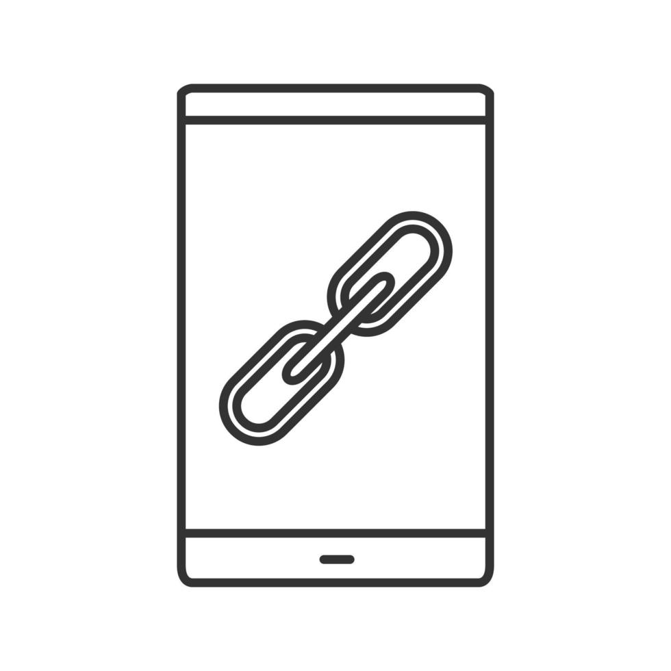 Mobile phone with link sign linear icon. Thin line illustration. Hyperlink. Connection. Contour symbol. Vector isolated outline drawing