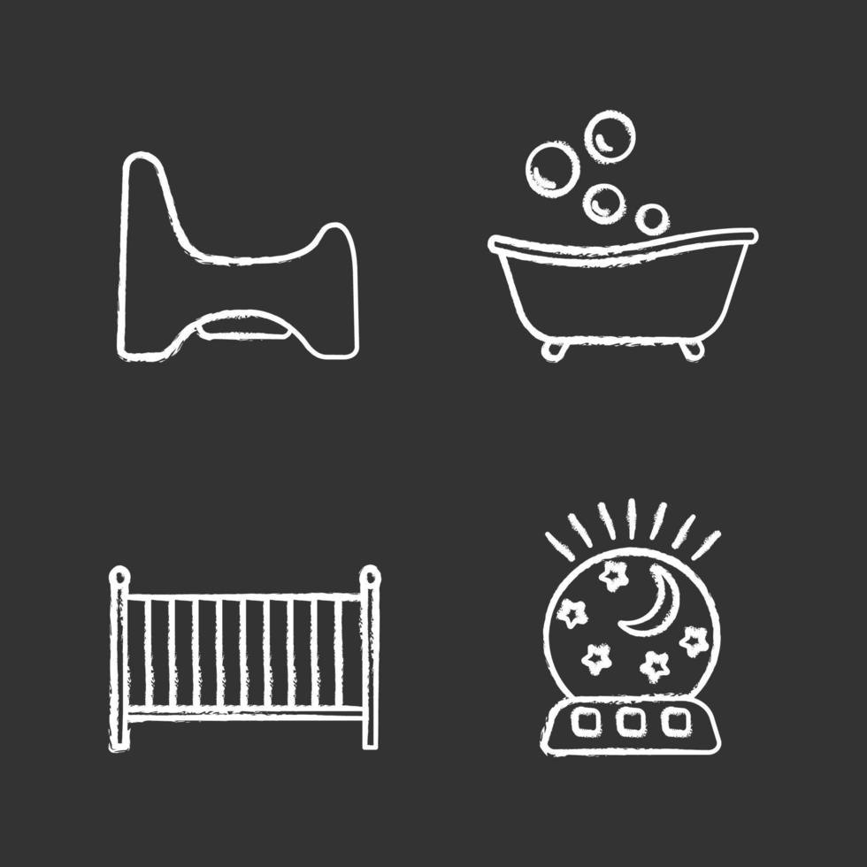 Childcare chalk icons set. Potty chair, bathtub, crib, night light. Isolated vector chalkboard illustrations